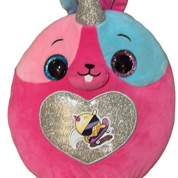 None Other - Rainbow Unicorn Bunny Plush Toy With Sparkly Ears & Heart Pink & Blue 12"